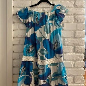 Vintage Tracy Feith “Le Shack” Blue and White Floral Mini Dress w/ Crochet Lace